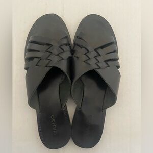 Mango women's 6.5 flat black leather woven strappy sandals EUC
